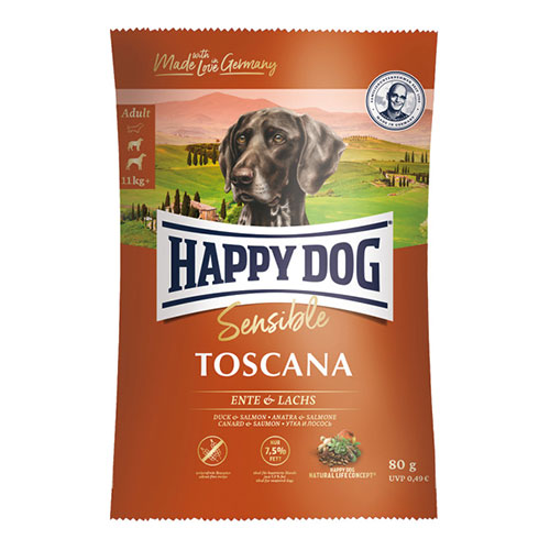 【ケース単位取寄】【メーカー欠品:入荷未定】HAPPYDOGスプリームセンシブルトスカーナダック&サーモン80g×10個入りケース