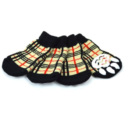 ペットソックス4足　チェックベージュ　M